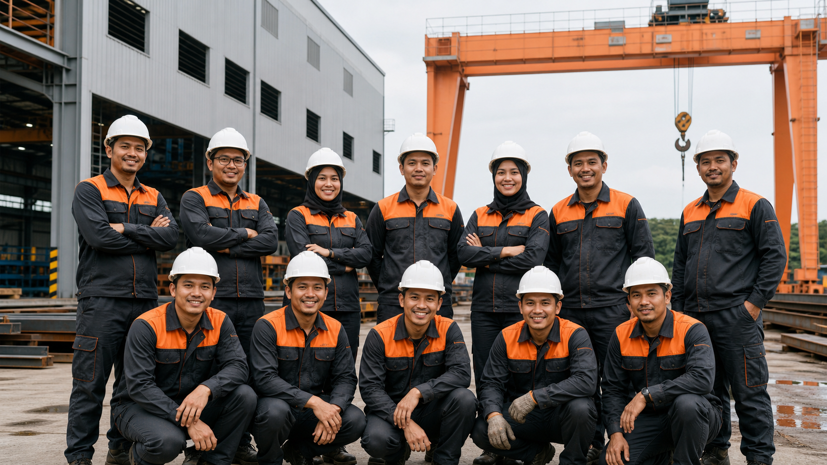 Teknik Crane 印度尼西亚团队在制造基地与门式起重机前合影